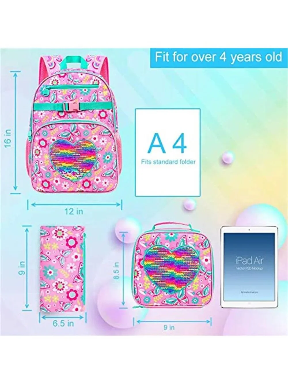 3PCS Girls Backpack Sequins Butterfly Bookbag with Lunch Box, 16